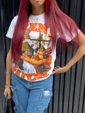 White Casual Street Graffiti Print O Neck T-Shirts