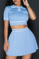 Baby Blue Sexy Pocket Buckle Patchwork Pleated Contrast Turndown Collar Short Sleeve Two Pieces