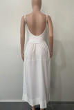White Celebrities Solid Color Pocket Patchwork Backless Spaghetti Strap Sling Dresses