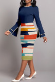 Orange Celebrities Print Patchwork Slit Zipper Contrast O Neck Wrapped Skirt Dresses