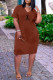 Coffee Casual Letter Print Pocket V Neck Short Sleeve Short Sleeve Dress