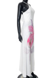 White Celebrities Print Hollow Out Patchwork Backless Spaghetti Strap Sling Dresses