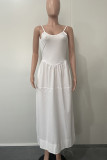 White Celebrities Solid Color Pocket Patchwork Backless Spaghetti Strap Sling Dresses