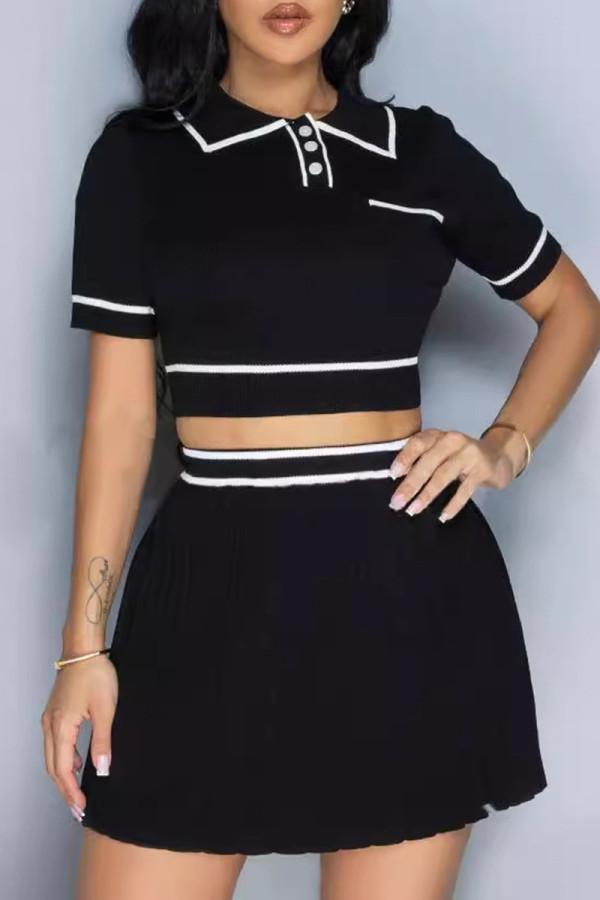 Black Sexy Pocket Buckle Patchwork Pleated Contrast Turndown Collar Short Sleeve Two Pieces