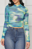 Colour Casual Print Patchwork O Neck Tops