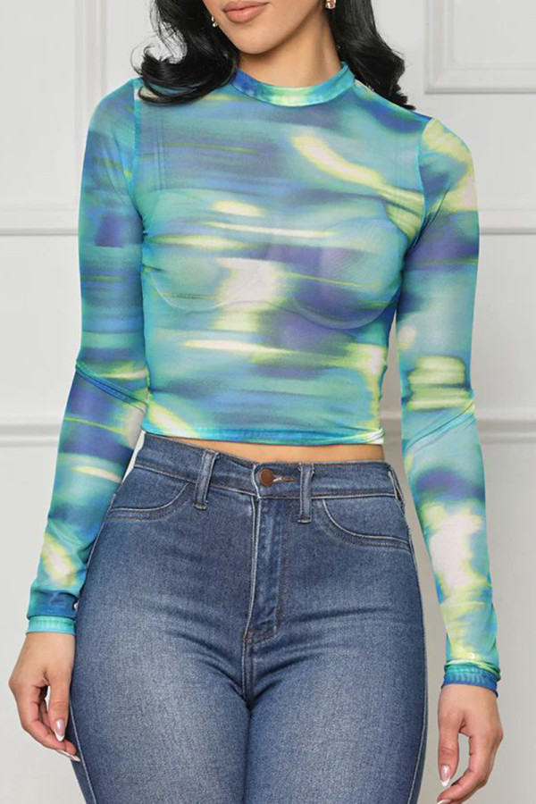 Green Casual Print Patchwork O Neck Tops
