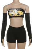 Black Sexy Print Patchwork Backless Strapless Long Sleeve Two Pieces