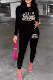 Black Casual Letters Patchwork O Neck Long Sleeve Two Pieces