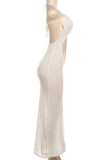 White Sexy Solid Color Hollow Out Patchwork Backless Square Neck Long Dresses