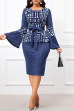 Tibetan Blue Celebrities Print Patchwork Strap Design O Neck Wrapped Skirt Dresses