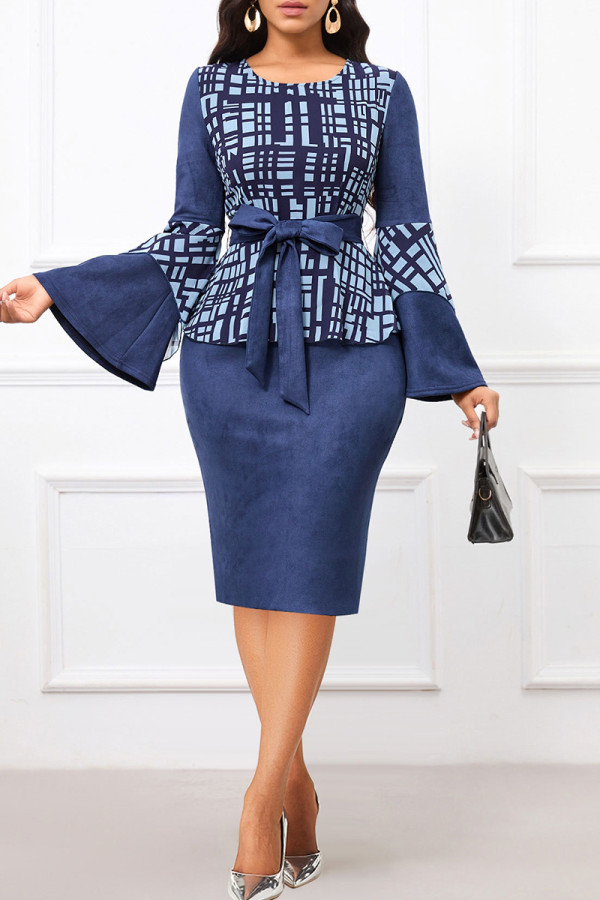 Tibetan Blue Celebrities Print Patchwork Strap Design O Neck Wrapped Skirt Dresses