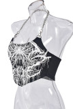 Black Street Print Chains Backless Halter Tops