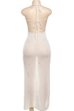 White Sexy Solid Color Hollow Out Patchwork Backless Square Neck Long Dresses