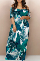Dark Green Sexy Leaf Print Pocket Contrast Off Shoulder Printed Dresses