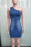 Blue Sexy Patchwork Backless Sloping Shoulder Sleeveless Regular Denim Dresses