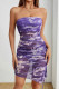 Purple Sexy Print Patchwork Backless Ruched Strapless Wrapped Skirt Dresses