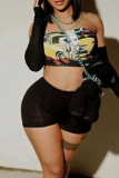 Black Sexy Print Patchwork Backless Strapless Long Sleeve Two Pieces