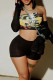 Black Sexy Print Patchwork Backless Strapless Long Sleeve Two Pieces