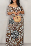 Brown Sexy National Totem Print Off Shoulder Printed Dresses