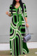 Green Casual Street Geometric Print Lace Up V Neck Printed Dresses