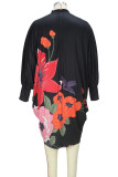Black Casual Print Hollow Out Patchwork O Neck Straight Plus Size Dresses