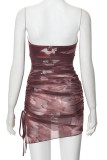 Purple Sexy Print Patchwork Backless Ruched Strapless Wrapped Skirt Dresses