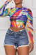 Colour Casual Print Patchwork O Neck Tops