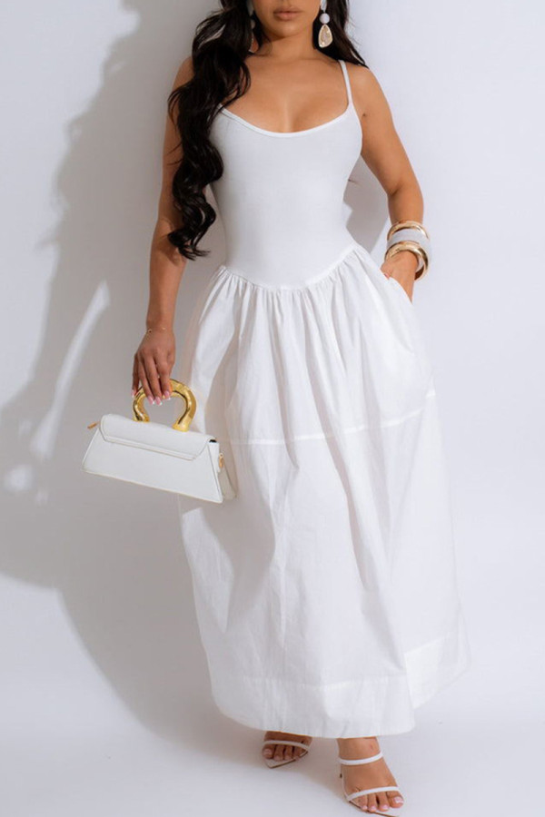 White Celebrities Solid Color Pocket Patchwork Backless Spaghetti Strap Sling Dresses