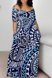 Blue Sexy National Totem Print Off Shoulder Printed Dresses