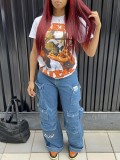 White Casual Street Graffiti Print O Neck T-Shirts