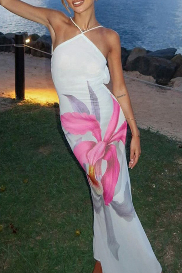 White Celebrities Print Hollow Out Patchwork Backless Spaghetti Strap Sling Dresses