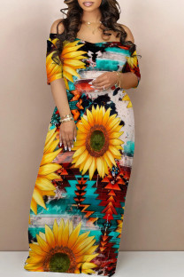 Multicolor Sexy Floral Print Pocket Contrast Off Shoulder Printed Dresses