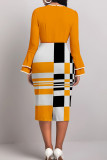 Orange Celebrities Print Patchwork Slit Zipper Contrast O Neck Wrapped Skirt Dresses