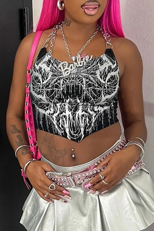 Black Street Print Chains Backless Halter Tops