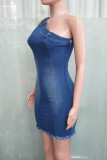 Blue Sexy Patchwork Backless Sloping Shoulder Sleeveless Regular Denim Dresses