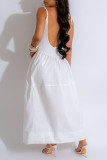 White Celebrities Solid Color Pocket Patchwork Backless Spaghetti Strap Sling Dresses