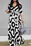 Black Casual Street Geometric Print Lace Up V Neck Printed Dresses