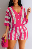 Rose Red Casual Hollow Out Buckle Patchwork V Neck Three Quarter Two Pieces
