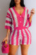 Rose Red Casual Hollow Out Buckle Patchwork V Neck Three Quarter Two Pieces