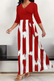 Red Casual Street Geometric Print With Belt Contrast V Neck Printed Dresses