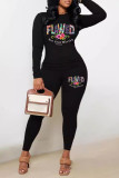 Black Casual Letters Patchwork O Neck Long Sleeve Two Pieces