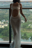White Sexy Solid Color Hollow Out Patchwork Backless Square Neck Long Dresses