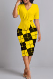 Yellow Celebrities Print Patchwork Slit Ruched V Neck Wrapped Skirt Dresses