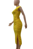 Yellow Celebrities Solid Color Patchwork Slit O Neck Long Dresses