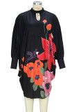 Black Casual Print Hollow Out Patchwork O Neck Straight Plus Size Dresses
