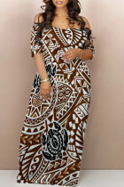 Brown Sexy National Totem Print Off Shoulder Printed Dresses