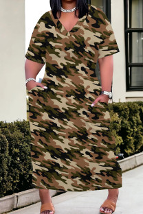 Khaki Casual Camouflage Print Patchwork V Neck Straight Plus Size Dresses