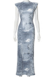 Blue Street Print Patchwork O Neck Long Dresses