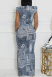 Blue Street Print Patchwork O Neck Long Dresses
