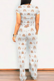 Purple Casual Daily Graffiti Print Pocket Contrast O Neck Short Sleeve Two Pieces